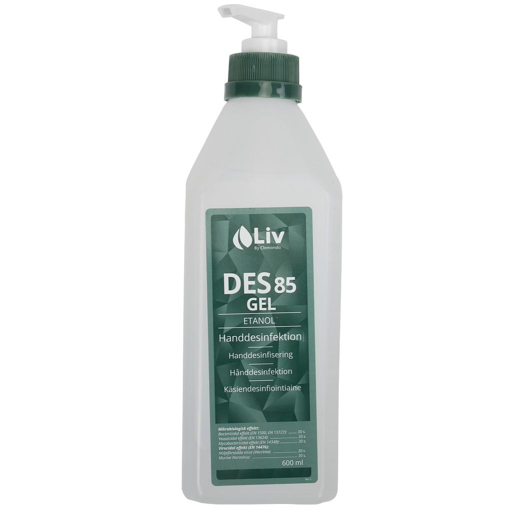 Liv, hånddesinfektion gel 85% m. pumpe, 600 ml