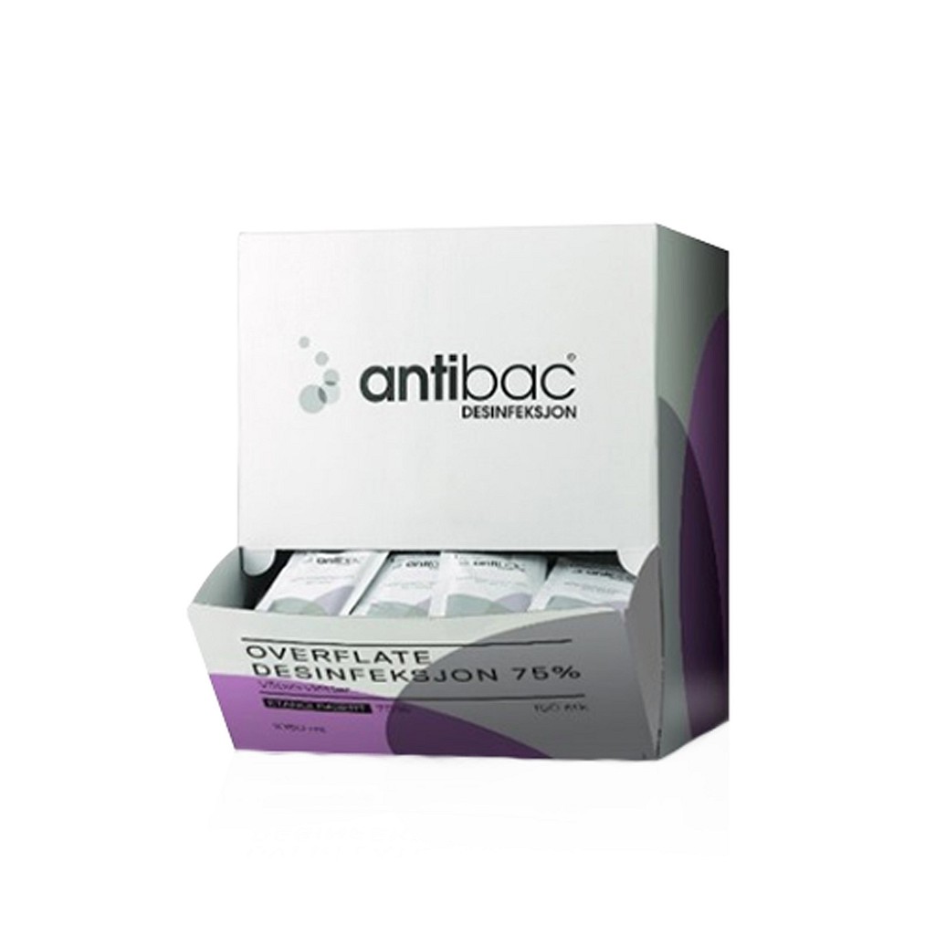 Antibac, vådservietter 75% til overflader, i papdispenser, 21 cm x 17 cm
