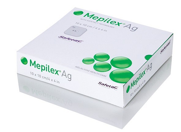 Mepilex Ag, skumbandage med sølv og Safetac silikone, steril, 10 cm x 10 cm