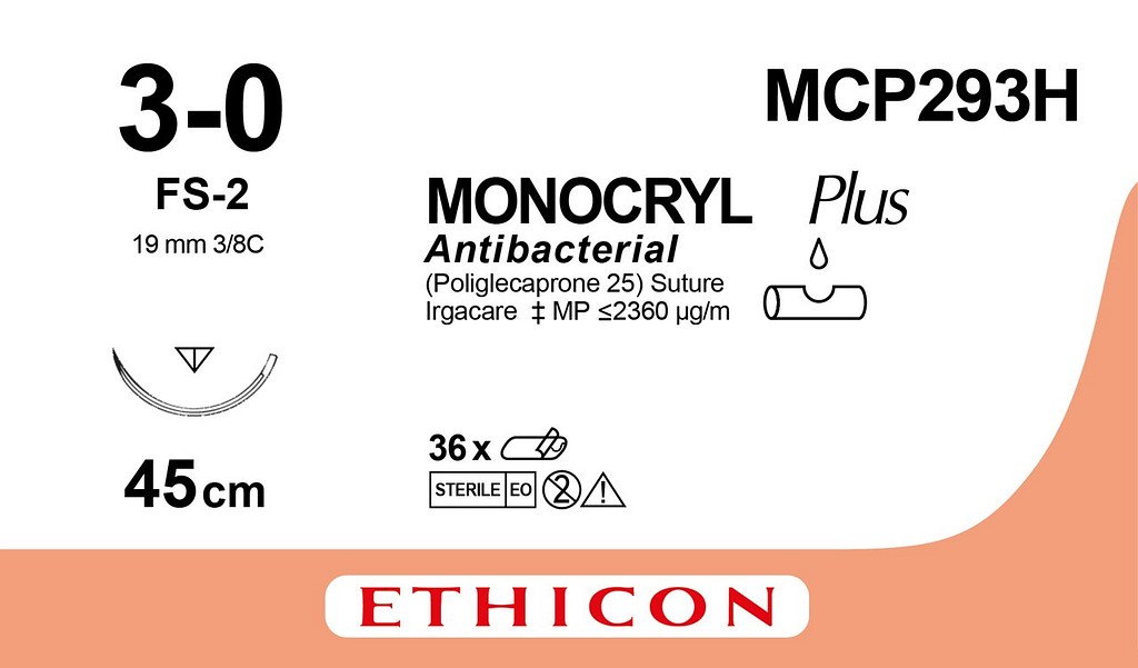 Ethicon Moncryl Plus sutur, ufarvet, FS-2 nål, 45 cm, steril, 3-0