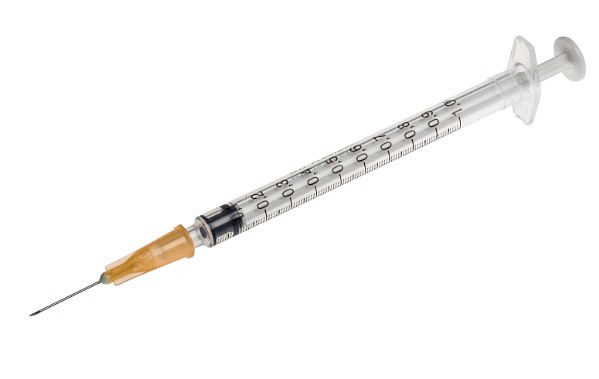 Plastipak, 3-komp. sprøjte m/aftagelig kanyle, orange, steril, 1 ml 25G x 5/8in, 0,5 mm x 16 m