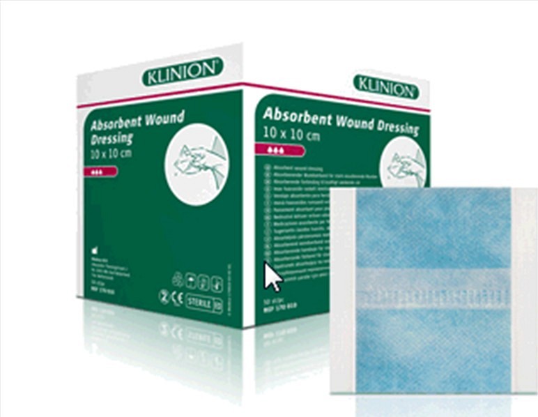 Klinion absorberende bandage, med væskeafvisende yderside, usteril, 10 cm x 10 cm