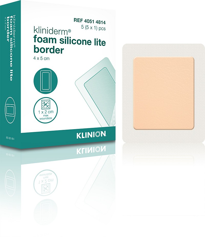 Kliniderm Foam Silikone Lite Border, skumbandage tynd med silikone, steril, 4 cm x 5 cm