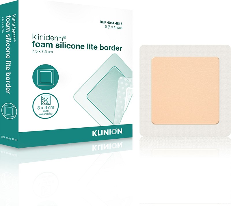 Kliniderm Foam Silikone Lite Border, skumbandage tynd med silikone, steril, 7,5 cm x 7,5 cm