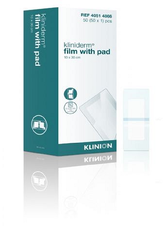 Kliniderm Film, med sårpude 5x25cm, steril, 10 cm x 30 cm