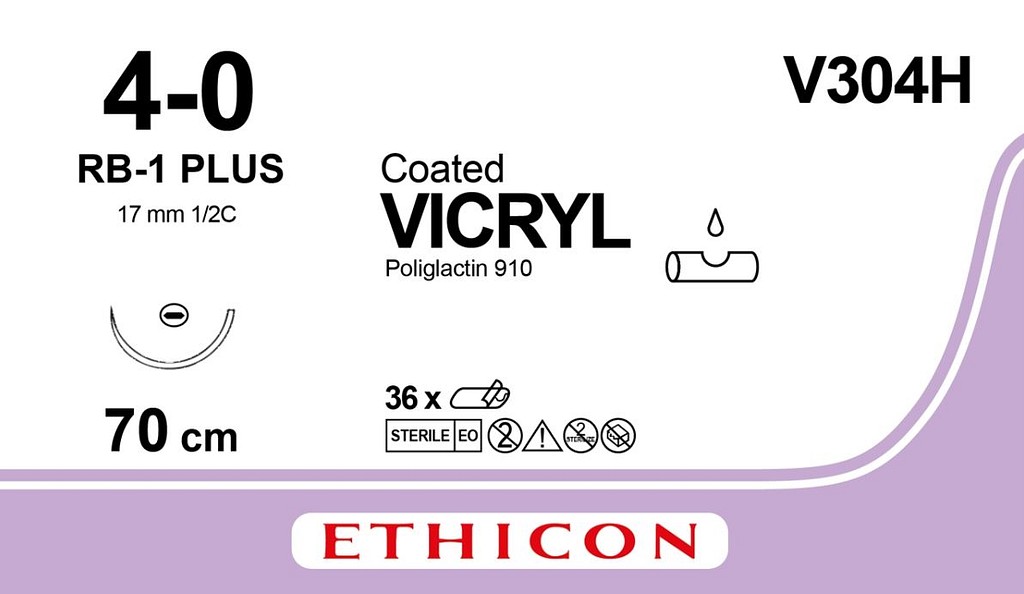 Ethicon Vicryl, sutur, violet, 70 cm med RB-1 nål, steril, 4-0
