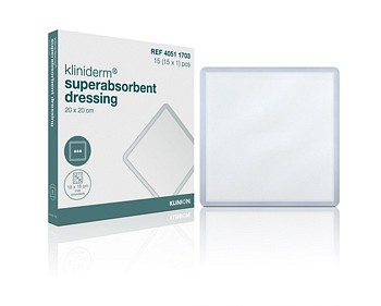 Kliniderm Superabsorberende, bandage med væskeafvisende bagside, steril, 20 cm x 20 cm