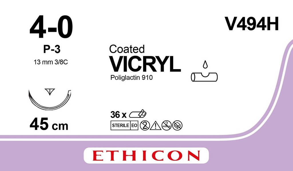 Ethicon Vicryl, sutur, ufarvet, 45 cm med P-3 nål, steril, 4-0