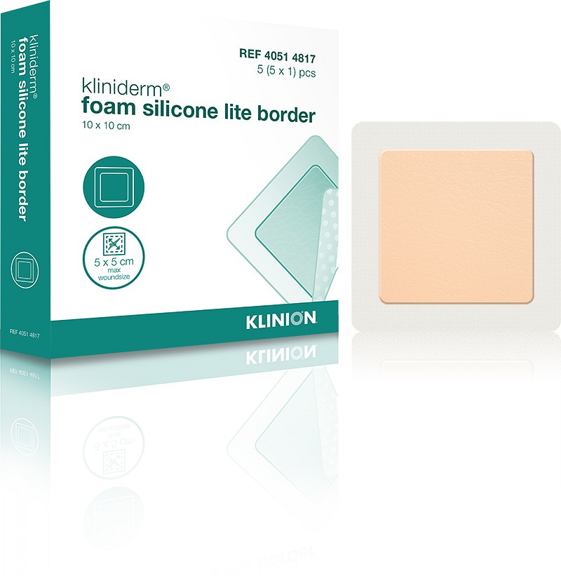Kliniderm Foam Silikone Lite Border, skumbandage tynd, med silikone, steril, 10 cm x 10 cm