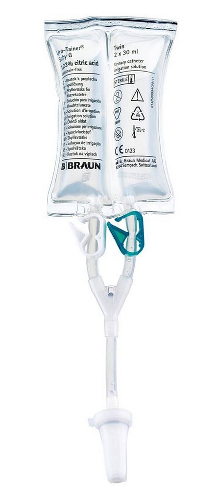 Uro-Tainer Twin Solutio R, skyllevæske til ballonkatetre, 6% citronsyre, st., 2 x 30 ml