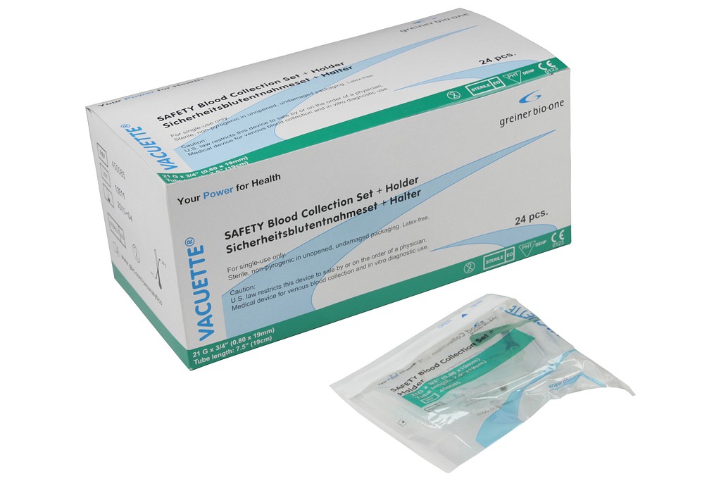 Vacuette, blodprøvetagningssæt med holder, safety pull, 19cm, 21G x 3/4in, 0,8 mm x 19 mm