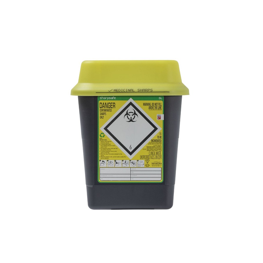 Sharpsafe genbrugsplast, kanylebeholder, firkantet med låg, gul/grå, 5 l