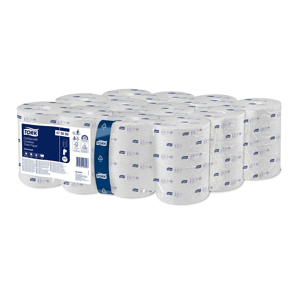Tork Advanced OptiServe, toiletpapir T7, 2-lags, uden hylse, hvid, FSC mærk, 94,3 x 9,3 cm