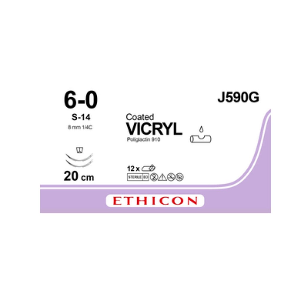 Ethicon Vicryl, sutur, violet, 20 cm med 2 x S-14 nål, steril, 6-0
