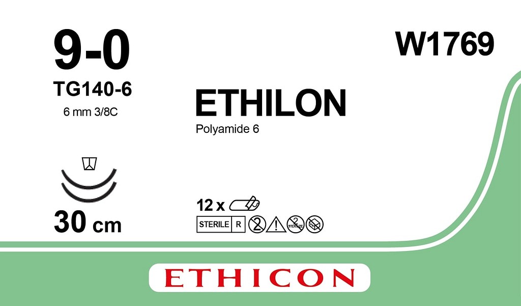 Ethicon Ethilon, sutur, sort, monofilament, 2 x TG140 nål, 30 cm, steril, 9-0