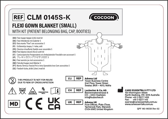 Cocoon Engangs Flexi poncho varmetæppe – Small Kit (Patienttilhørs-pose, hue, futter) Slangetilslutninger: 3