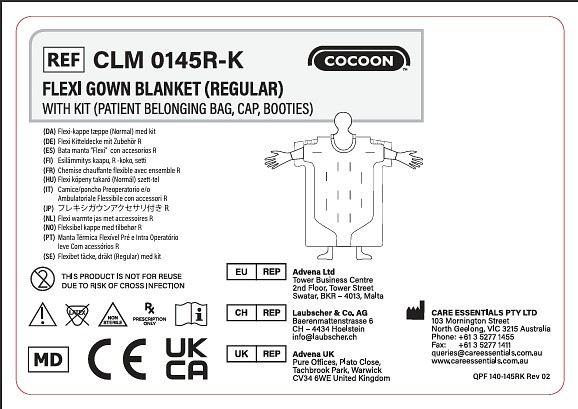 Cocoon Engangs Flexi poncho varmetæppe – normal Kit (Patienttilhørs-pose, hue, futter) Slangetilslutninger: 3