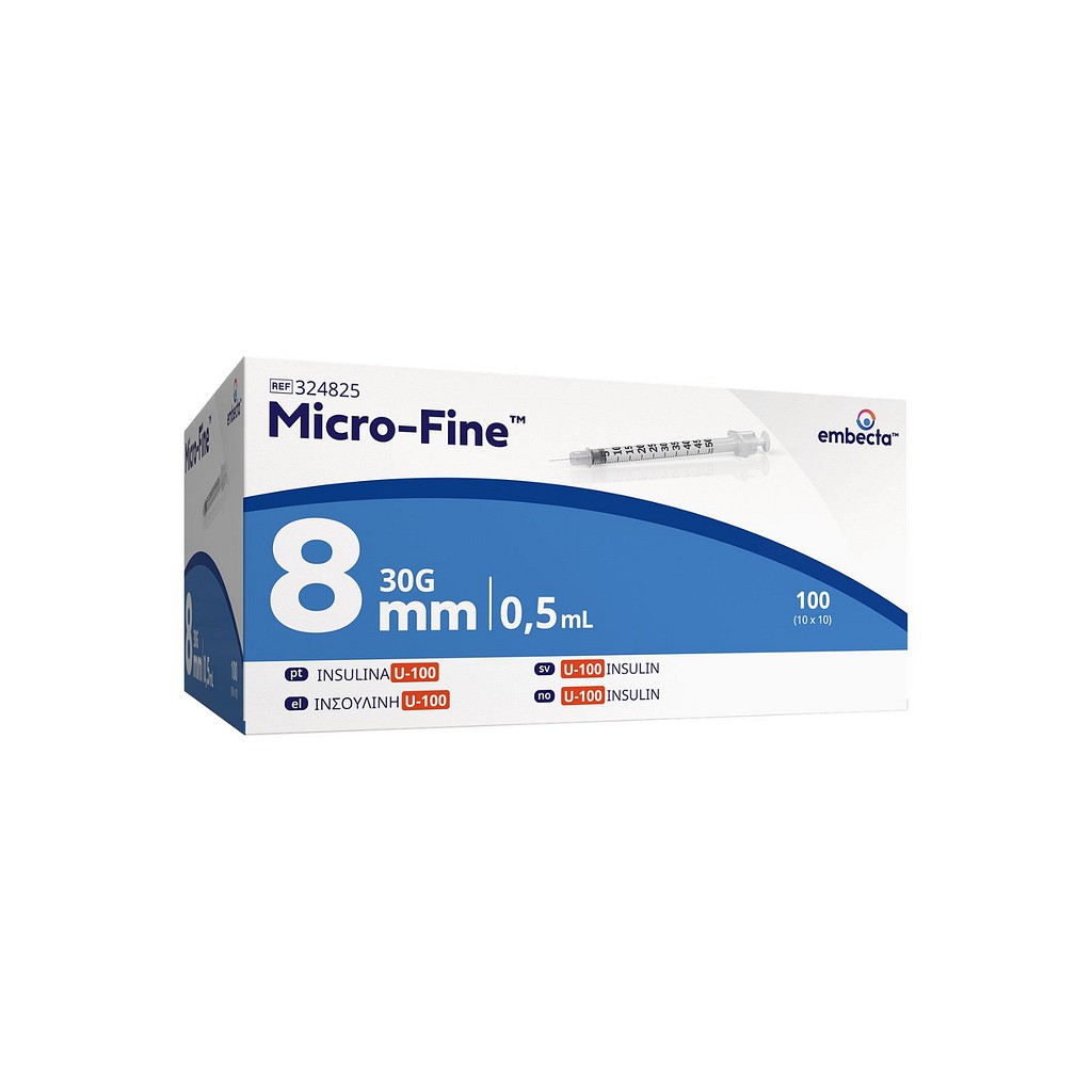 Embecta insulinsprøjte, U-100, 0,5 ml med kanyle, steril, 8 mm x 0,30 mm (30G)