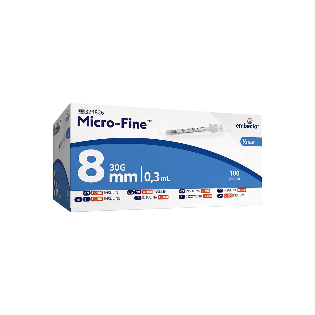 Embecta insulinsprøjte, U-100, 0,3 ml med kanyle, steril, 8 mm x 0,30 mm (30G)