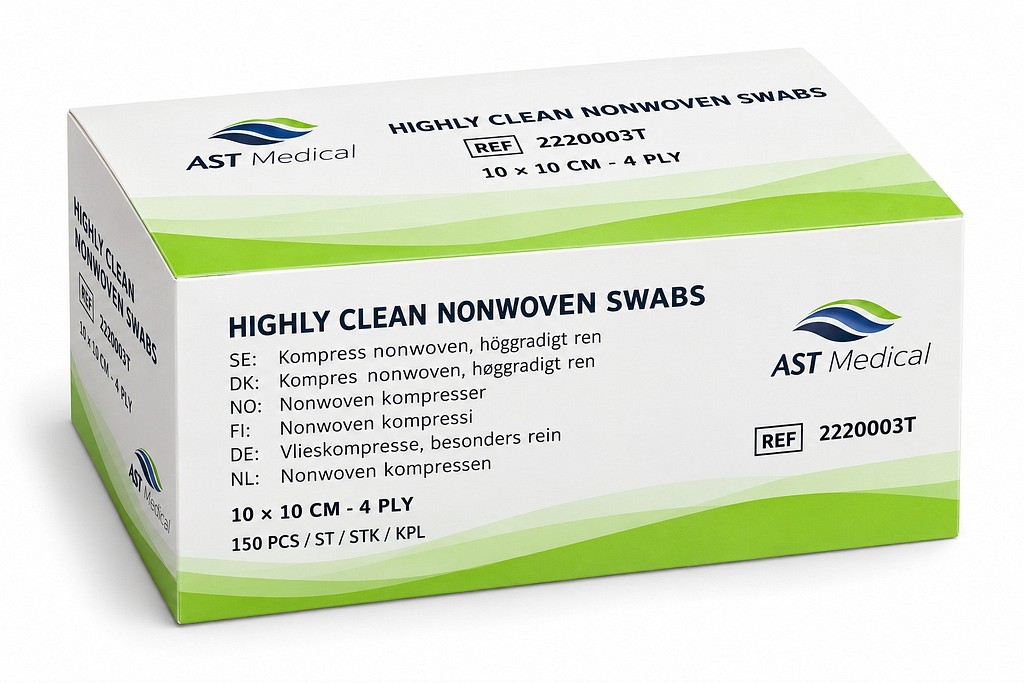AST, kompres, non woven, 4 lag, cleanbox, 10 cm x 10 cm
