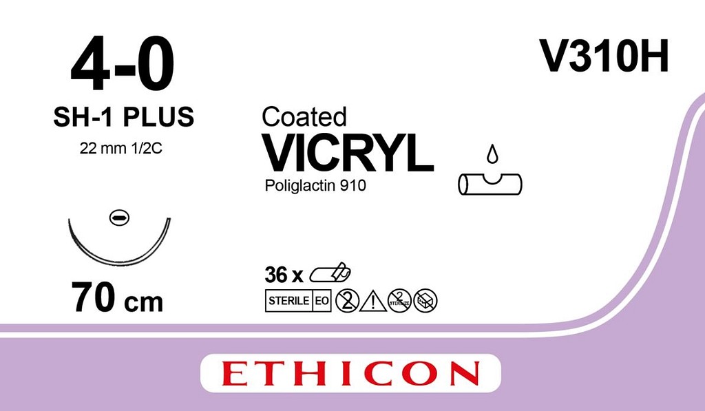 Ethicon Vicryl, sutur, violet, 70 cm med SH-1plus nål, steril, 4-0