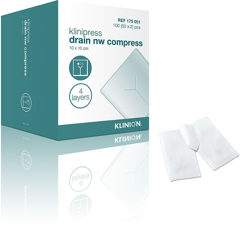 Klinion, non woven kompres, slidskompres 50x2stk, 4 lag, st, 10 cm x 10 cm