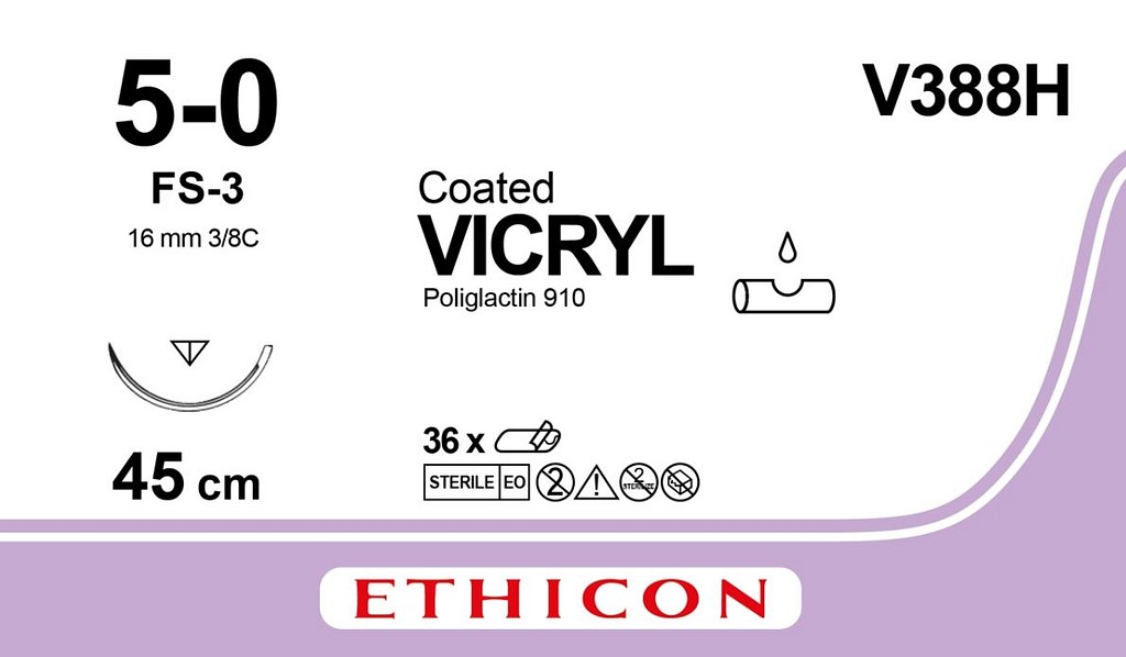 Ethicon Vicryl, sutur, violet, 45 cm med FS-3 nål, steril, 5-0