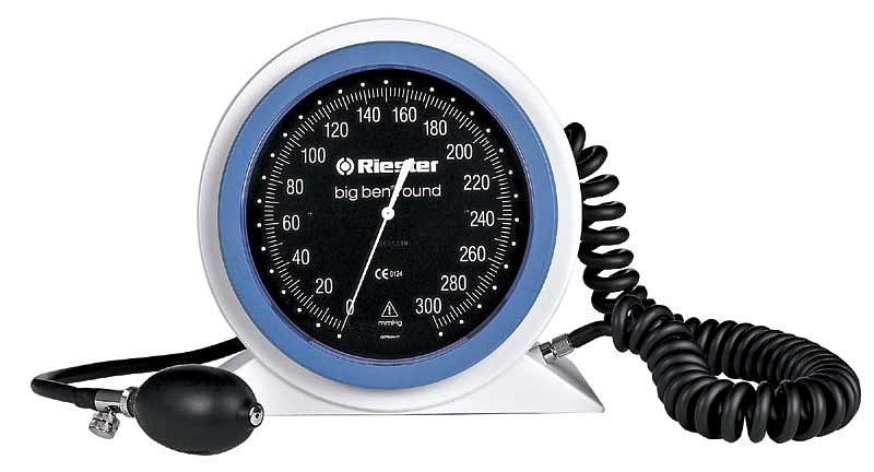 Riester blodtryksmåler, Big Ben aneroid, rund bordmodel m/velcromanchet, 13 cm x 24 cm