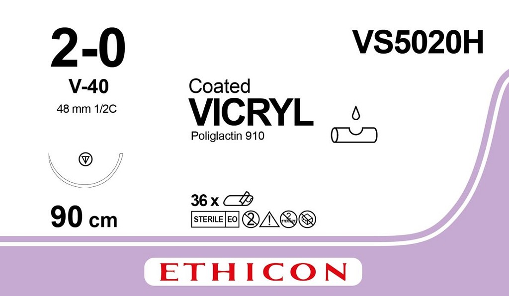 Ethicon Vicryl, sutur, violet, 90 cm med 50 mm tapercut nål, steri, 2-0