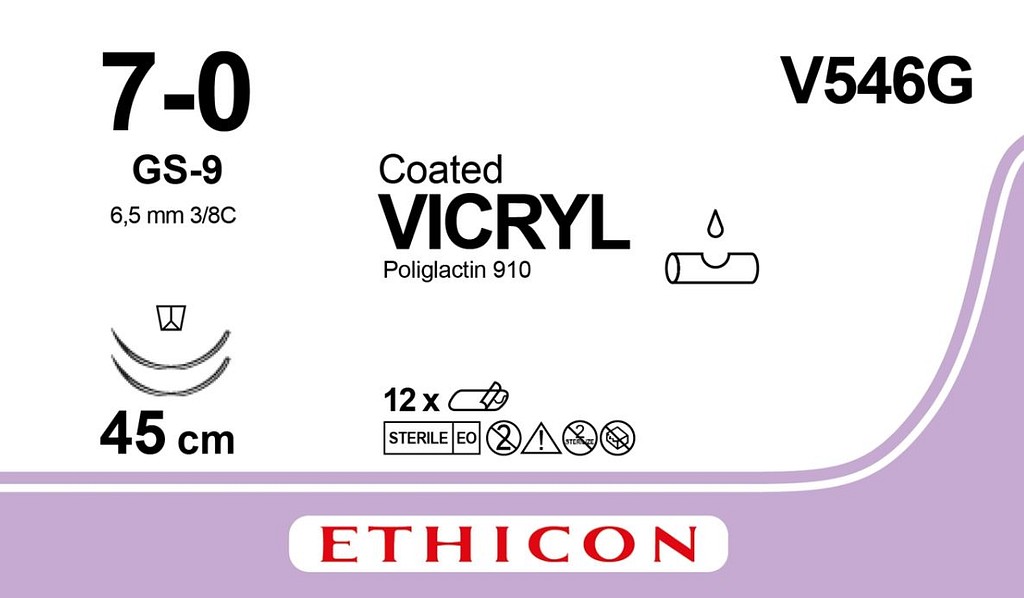 Ethicon Vicryl, sutur, violet, 45 cm med 2 x GS-9 nål, steril, 7-0