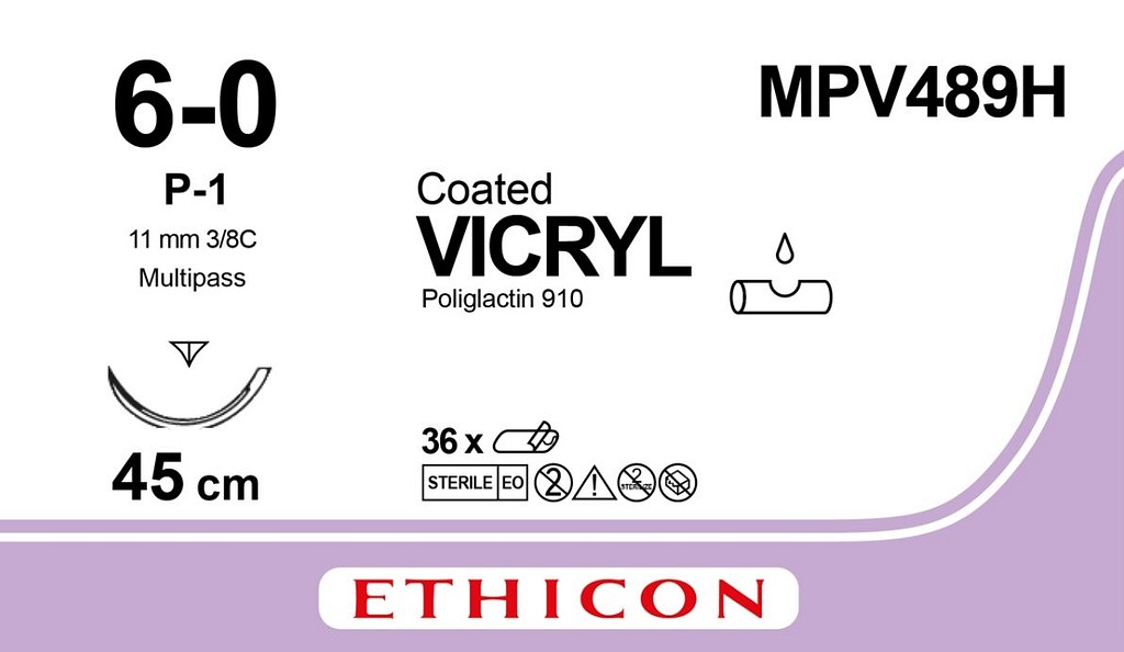 Ethicon Vicryl, sutur, ufarvet, 45 cm med P-1 nål, MP, steril,, 6-0