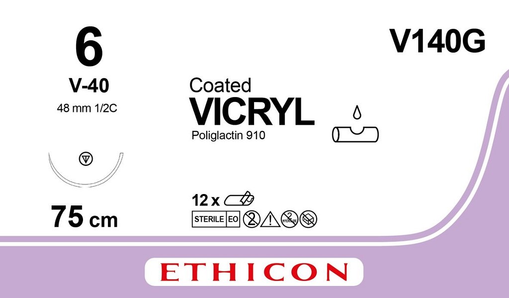 Ethicon Vicryl, sutur, violet, 15 cm med BV-1 nål, steril, 9-0