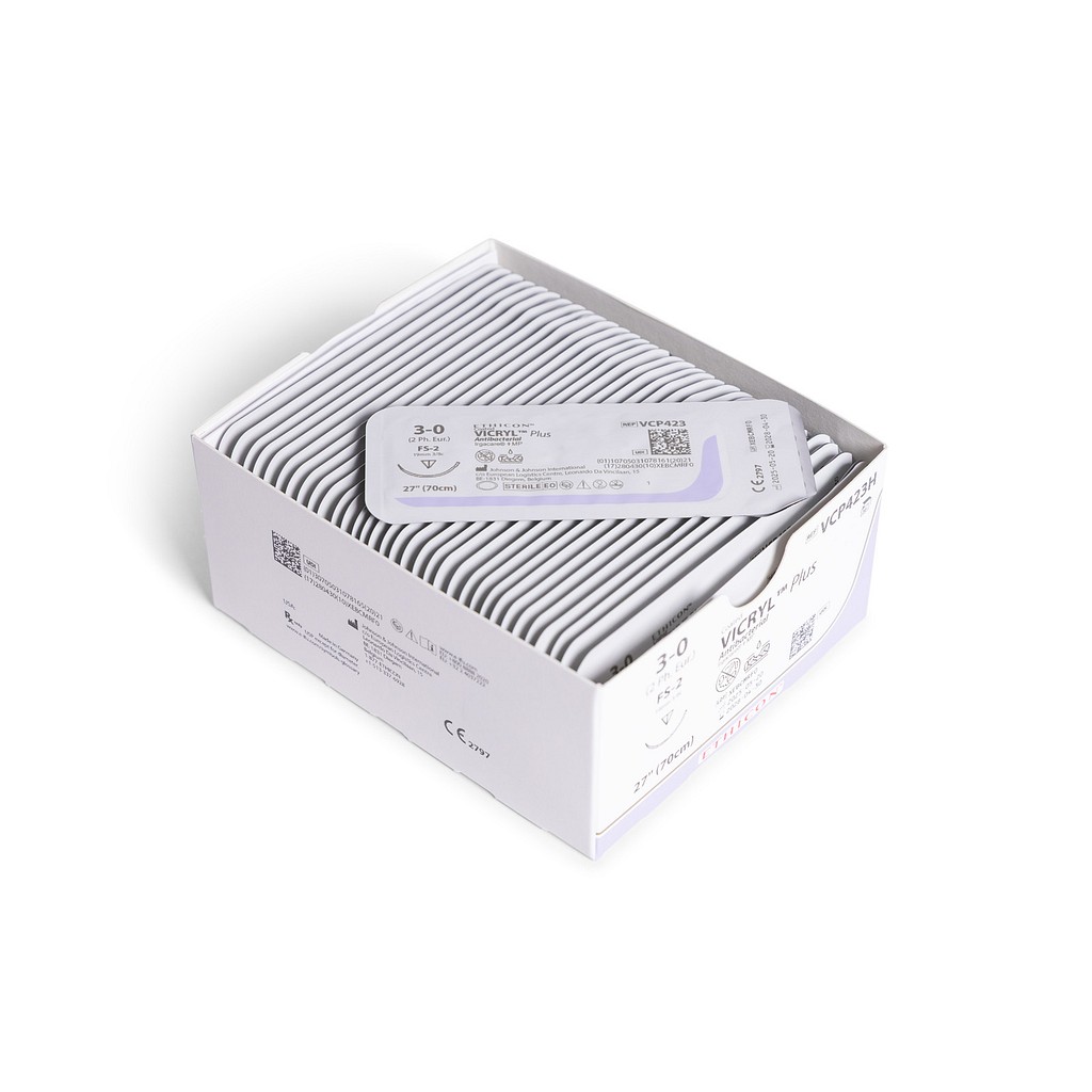 Ethicon Vicryl Plus, sutur, ufarvet, 70 cm med FS-2 nål, steril, 3-0