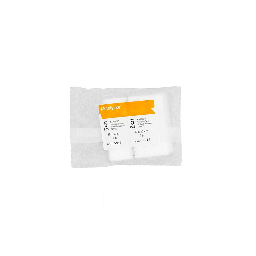 Standard OP-Kompres X-ray, 12 lag, orange label, brev a 5 stk, steril, 10 cm x 10 cm