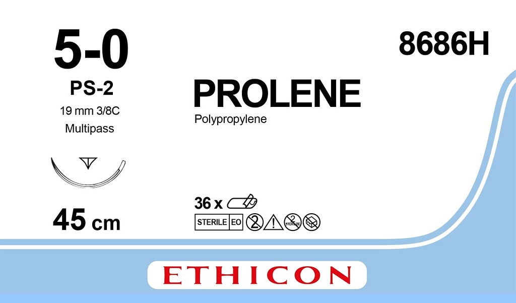 Ethicon Prolene 5-0, sutur,blå, 45cm med PS-2 nål , steril