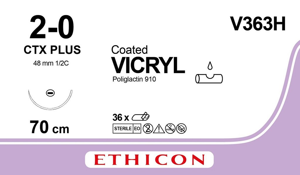 Ethicon Vicryl, Sutur, violet, 70cm, CTX nål, steril, 2-0