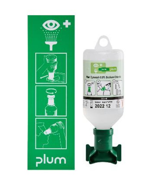 Plum, øjenskyllestation med flaske 0,9% NaCl-opl, steril, 500 ml