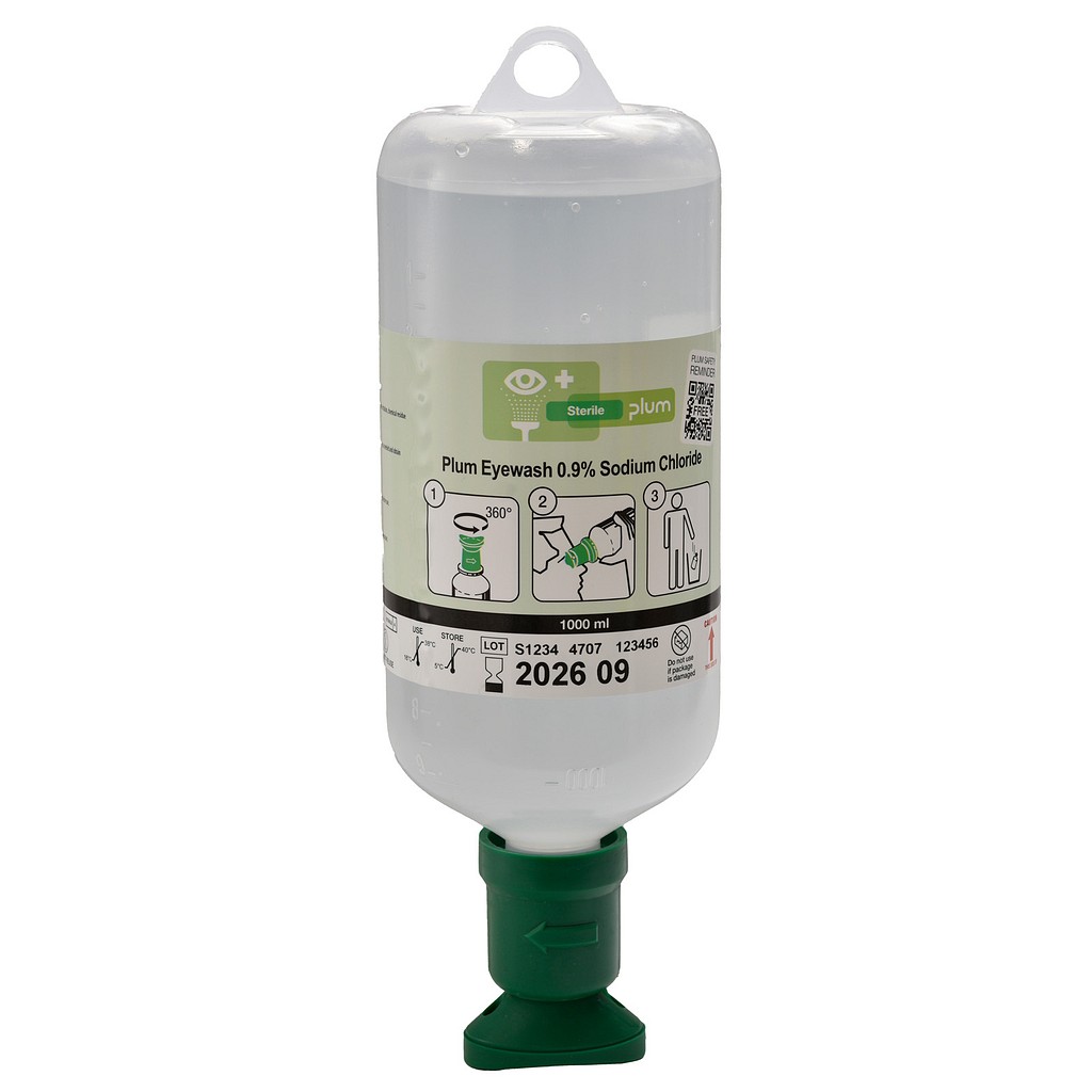 Plum, øjenskyllevæske m. øjenkop, 0,9% NaCl, steril, 1000 ml