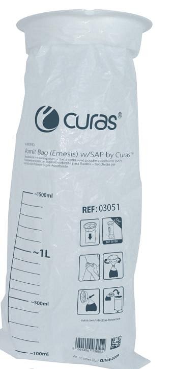 Curas, opkastningspose, eng, PE, m. plastik krave, 1,5 l