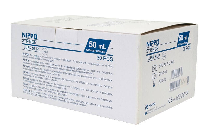 Nipro, sprøjte Luer 3-komponent, excentrisk, steril, 50 ml