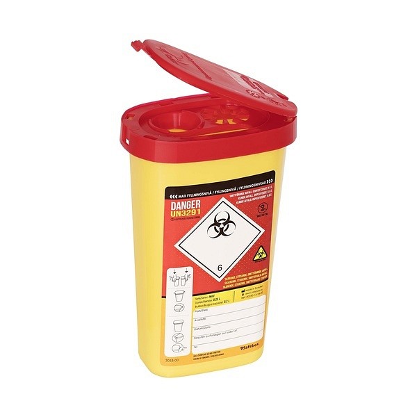 Safebox mini, kanylebøtte, m. kanyleaftræk, gul m. rødt låg, UN, 250 ml