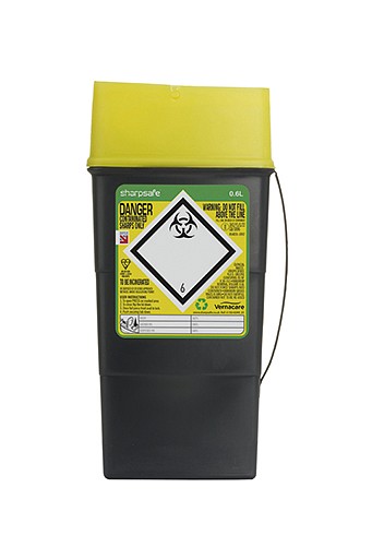 Sharpsafe genbrugsplast, kanylebeholder, oval model, u/kanyleaftræk, gul, 600 ml