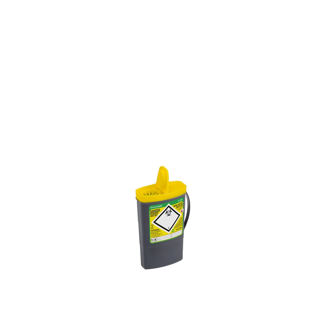 Sharpsafe genbrugsplast, kanylebeholder, oval, hul med kanyleaftag, gul, 450 ml