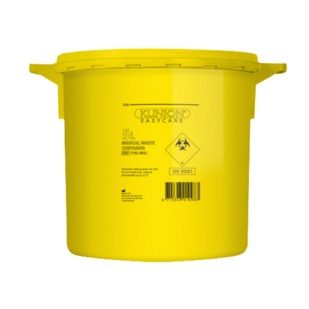 Klinion Easycare, kanylebeholder, gul med klemlåg, UN godkendt, 5 l