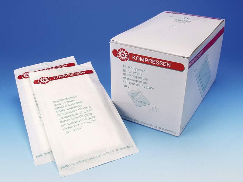 Noba, gazekompres, 12 lag, brev a 2 stk., steril, 10 cm x 20 cm