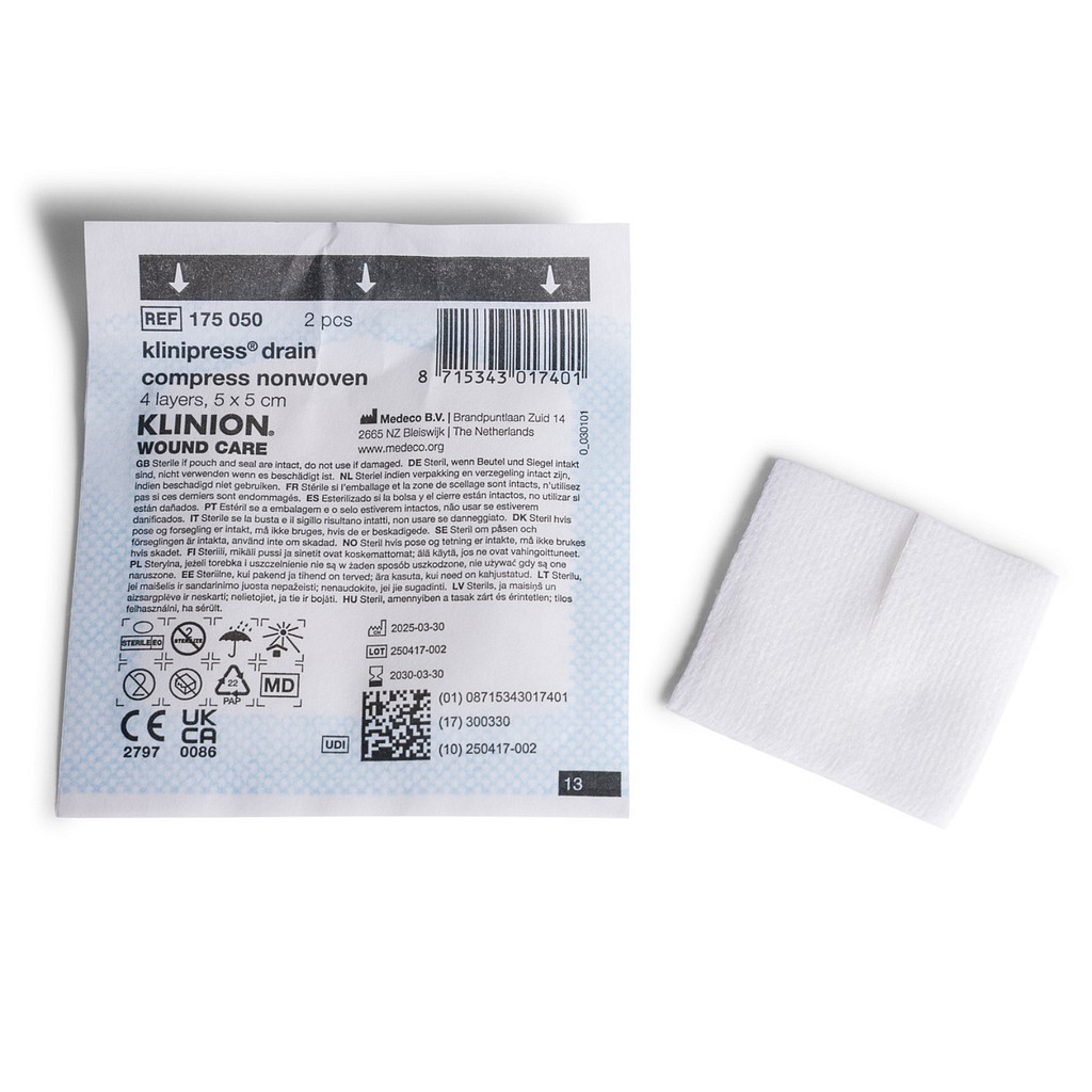 Klinion, non woven kompres, slidskompres 50x2stk, 4 lag, st, 5 cm x 5 cm