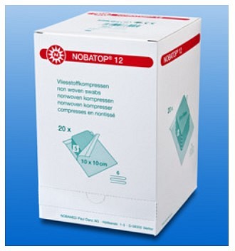 Nobatop, kompres, non-woven, 6 lag, brev a 5 stk., steril, 5 cm x 5 cm