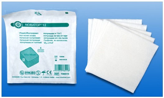 Nobatop, kompres, non-woven, 6 lag, brev a 5 stk., steril, 5 cm x 5 cm