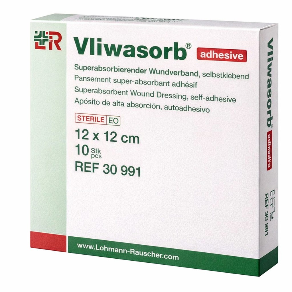 Vliwasorb, højabsorberende bandage med border, steril, 12 cm x 12 cm