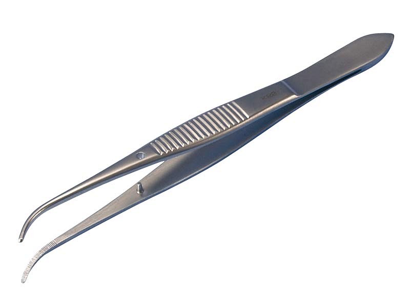 Nopa, iris pincet, anatomisk, buet med styrestift, 10 cm